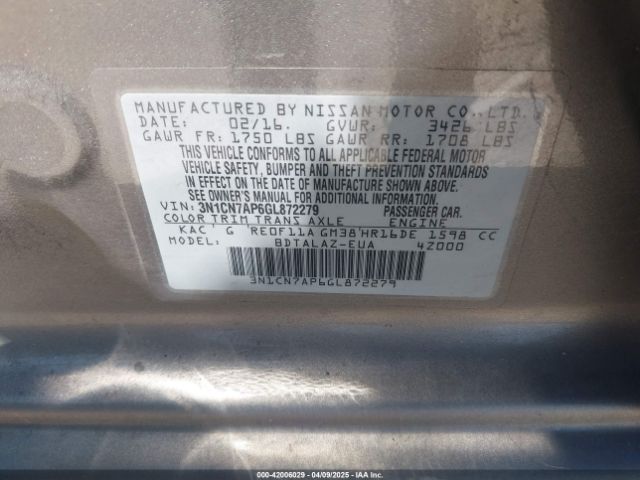 3N1CN7AP6GL872279 Nissan Versa 1.6 S+