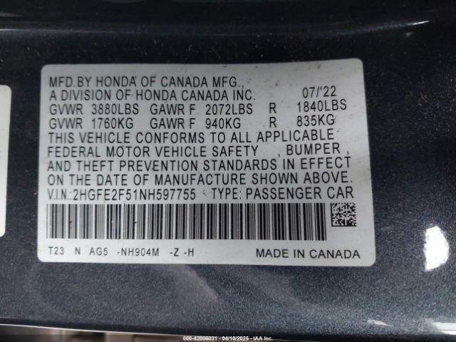 2HGFE2F51NH597755 Honda Civic Sport