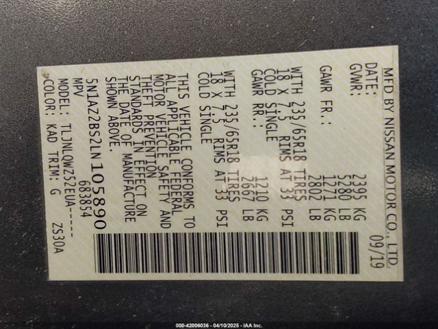 5N1AZ2BS2LN105890 Nissan 2020
