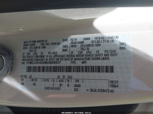 1FMCU0H6XMUB09537 Ford ESCAPE SEL
