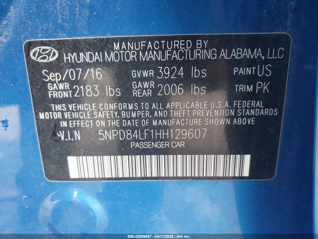 5NPD84LF1HH129607 Hyundai ELANTRA SE