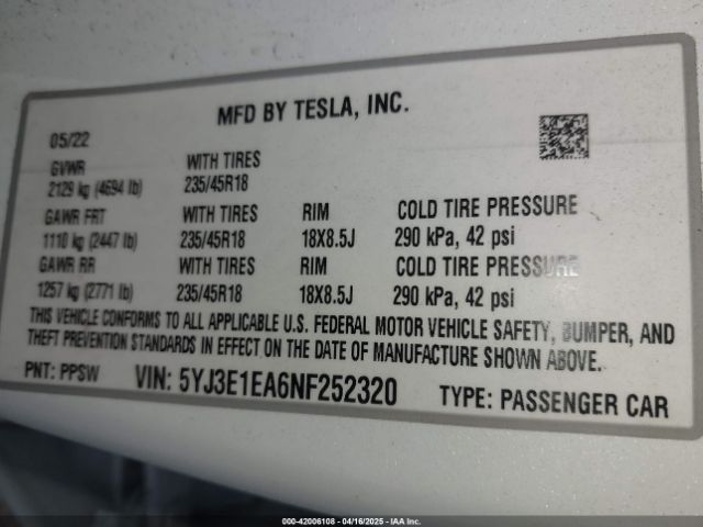 2022 TESLA MODEL 3 5YJ3E1EA6NF252320 Photo 8