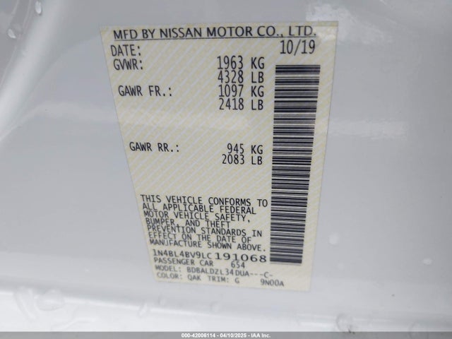 1N4BL4BV9LC191068 Nissan Altima S Fwd