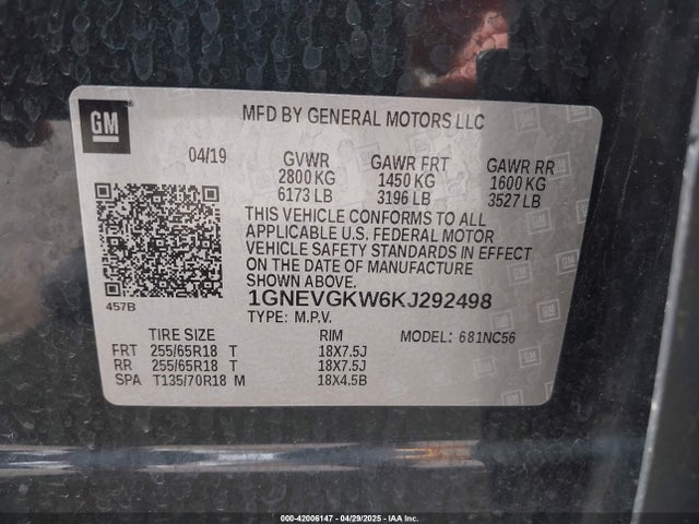 1GNEVGKW6KJ292498 Chevrolet Traverse 1lt