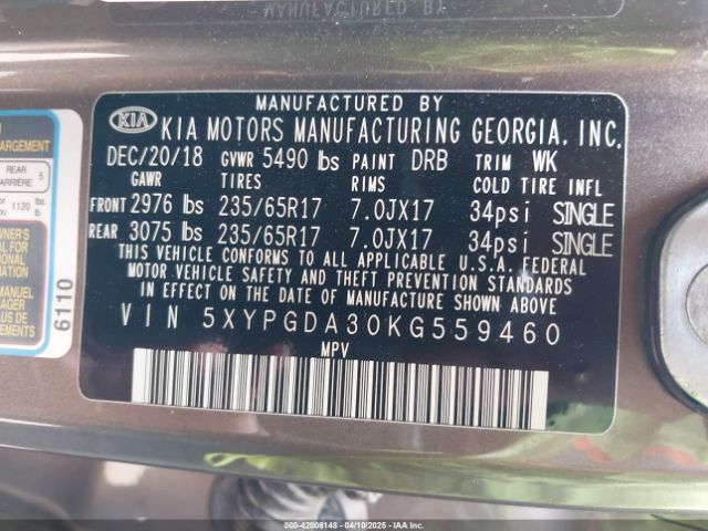 5XYPGDA30KG559460 KIA Sorento 2.4l Lx