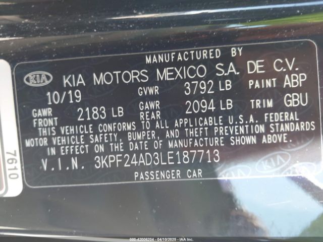 3KPF24AD3LE187713 KIA Forte Lxs
