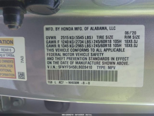 5FNYF5H58LB028410 Honda Pilot 2wd Ex-l