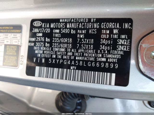 5XYPG4A58LG669899 KIA Sorento 3.3l Lx