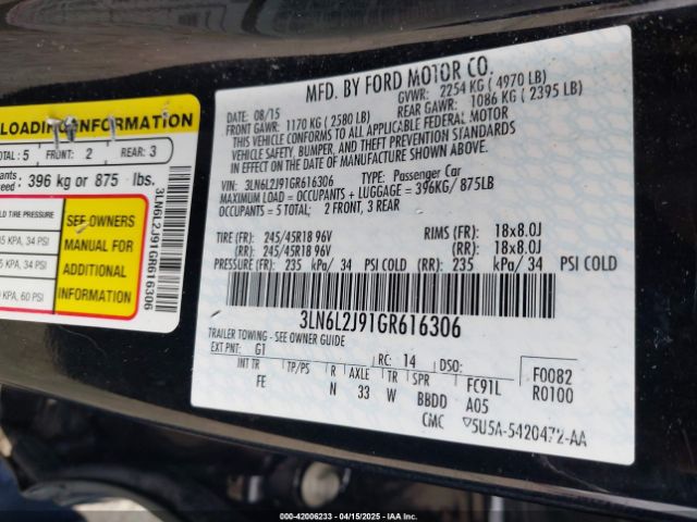 3LN6L2J91GR616306 Lincoln MKZ