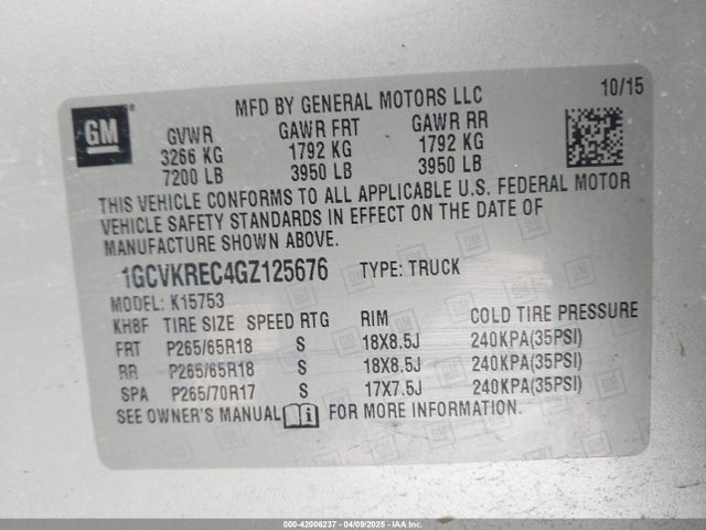 1GCVKREC4GZ125676 Chevrolet Silverado 1500 2lt