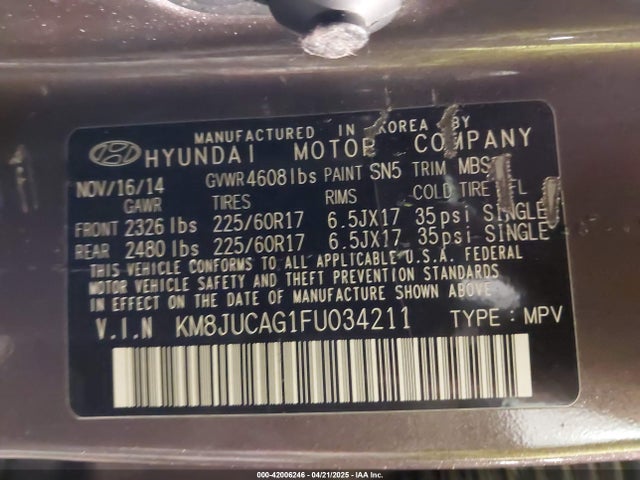 Hyundai TUCSON SE 2015 KM8JUCAG1FU034211 Image 9