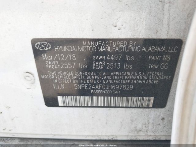5NPE24AF0JH697829 Hyundai SONATA SE