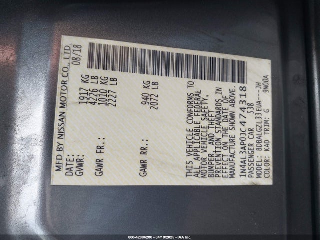 1N4AL3AP0JC474318 Nissan Altima 2.5 S