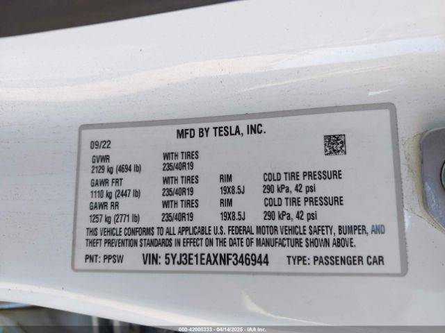 2022 TESLA MODEL 3 5YJ3E1EAXNF346944 Photo 8