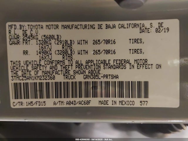 3TMCZ5AN1KM232360 Toyota Tacoma Trd Off Road