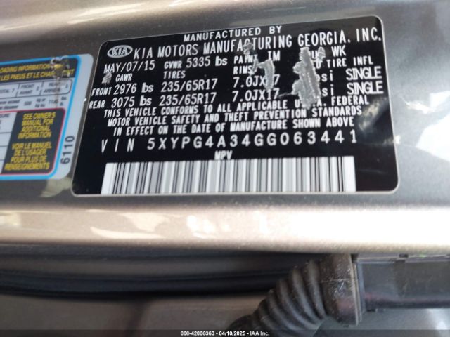 5XYPG4A34GG063441 KIA Sorento 2.4l Lx