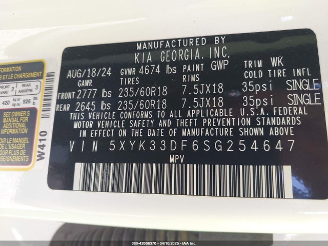 5XYK33DF6SG254647 KIA gdi theta iii