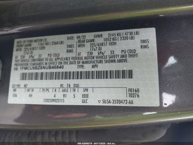 1FMCU9BZ8NUB46840 Ford Escape Se Hybrid