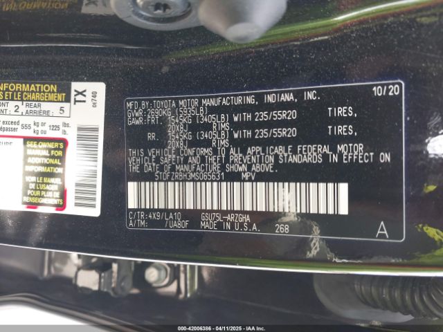 5TDFZRBH3MS065631 Toyota Highlander Platinum