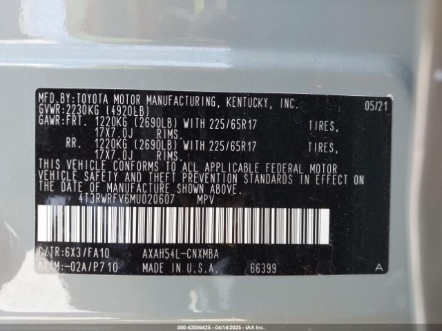 4T3RWRFV6MU020607 Toyota Rav4 Hybrid Xle