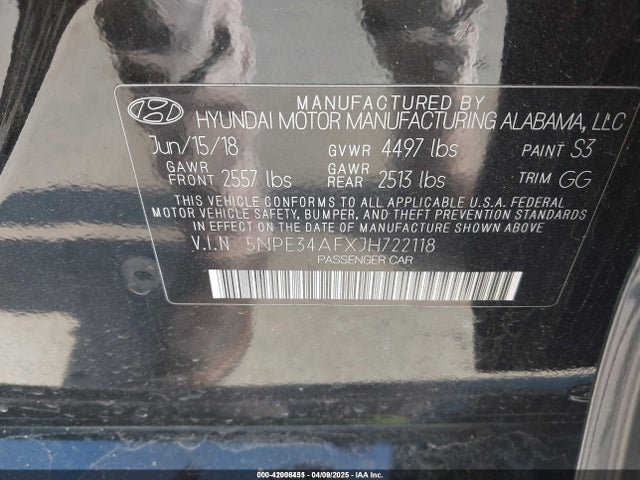 5NPE34AFXJH722118 Hyundai Sonata Sel+