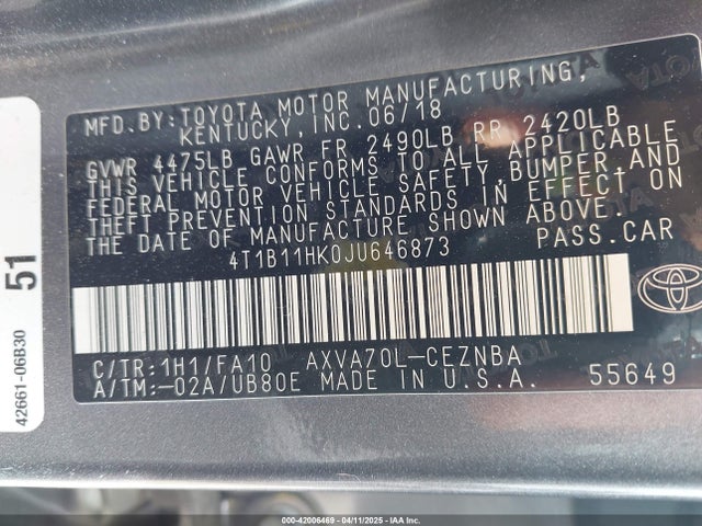 4T1B11HK0JU646873 Toyota CAMRY LE