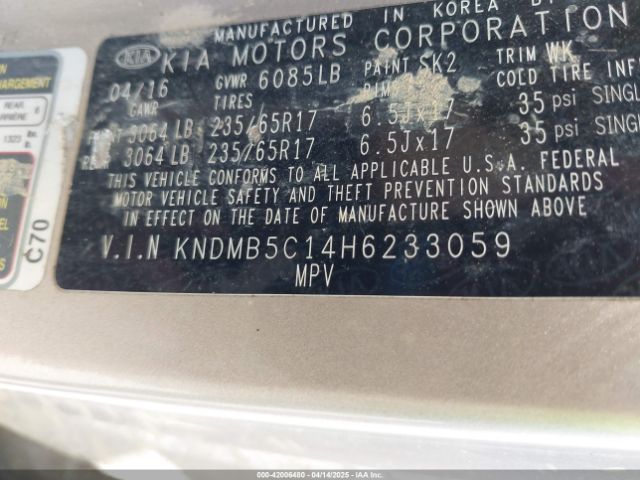 KNDMB5C14H6233059 KIA SEDONA LX