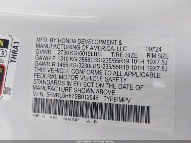 5FNRL6H87SB012646 Honda Odyssey Touring