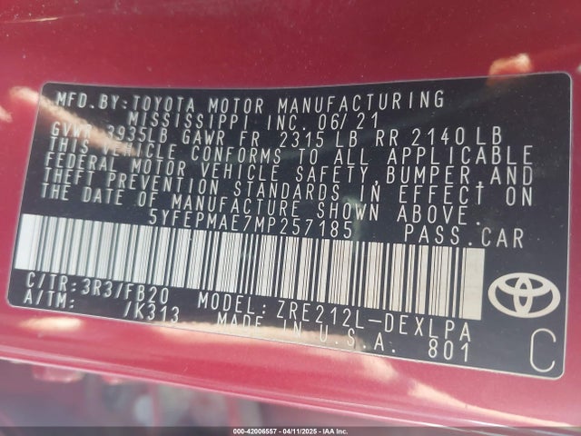 5YFEPMAE7MP257185 Toyota COROLLA LE