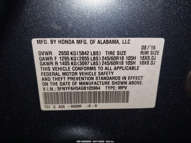 5FNYF6H54GB105964 Honda Pilot Ex-l