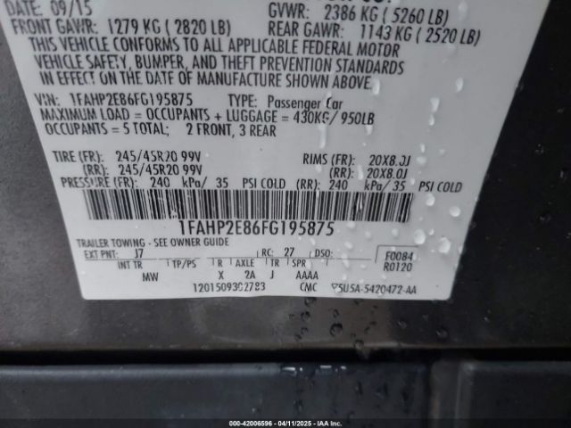 1FAHP2E86FG195875 Ford TAURUS SEL