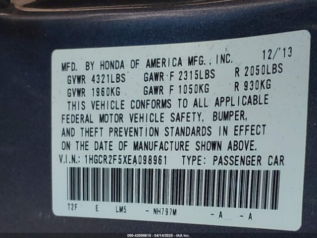 1HGCR2F5XEA098961 Honda Accord Sport