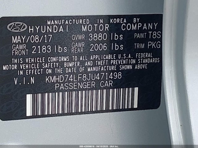 KMHD74LF8JU471498 Hyundai ELANTRA SE