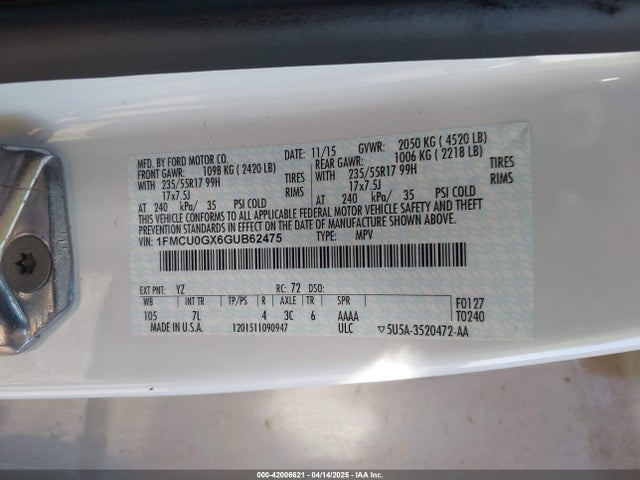 1FMCU0GX6GUB62475 Ford ESCAPE SE