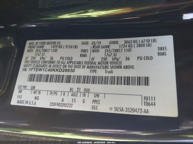 1FTEW1C40KKD29930 Ford F-150 Xl
