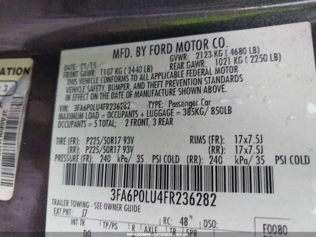 3FA6P0LU4FR236282 Ford Fusion Hybrid Se