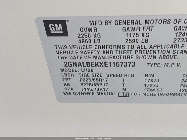 2GNALBEKXE1167373 Chevrolet EQUINOX 1LT