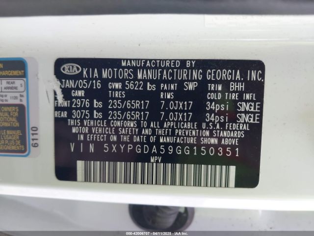 5XYPGDA59GG150351 KIA Sorento 3.3l Lx