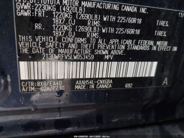 2T3DWRFV5LW053459 Toyota Rav4 Hybrid Limited