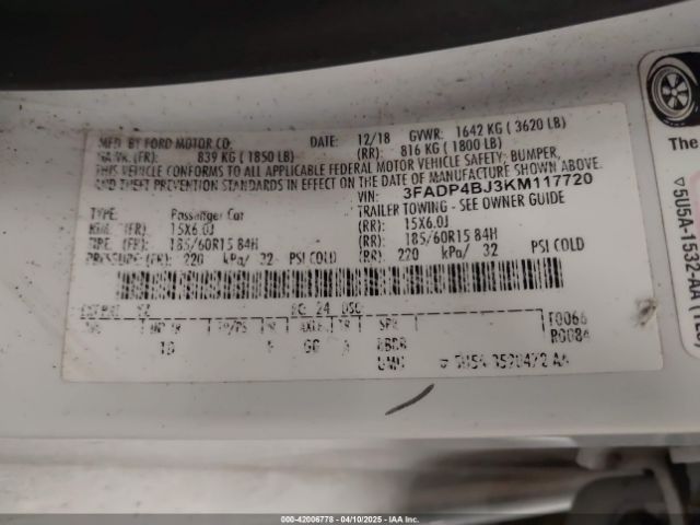 3FADP4BJ3KM117720 Ford FIESTA SE