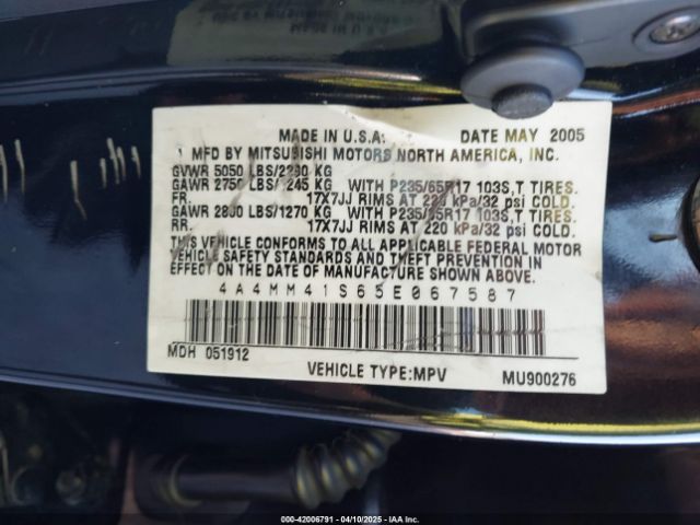 2005 MITSUBISHI ENDEAVOR 4A4MM41S65E067587 Photo 8