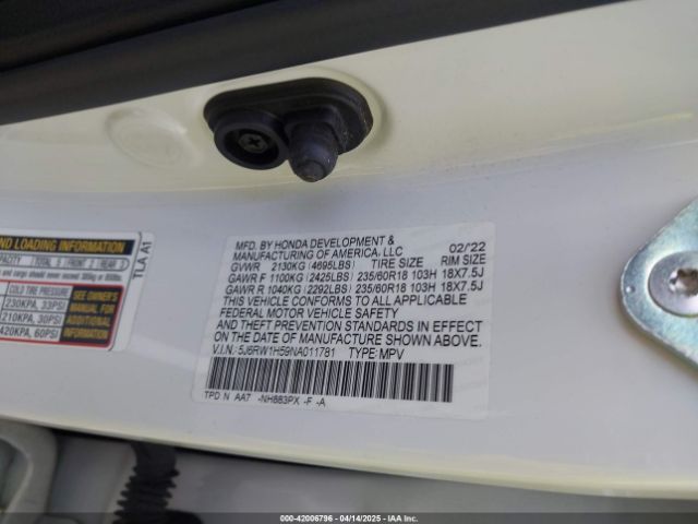 5J6RW1H59NA011781 Honda Cr-v 2wd Ex