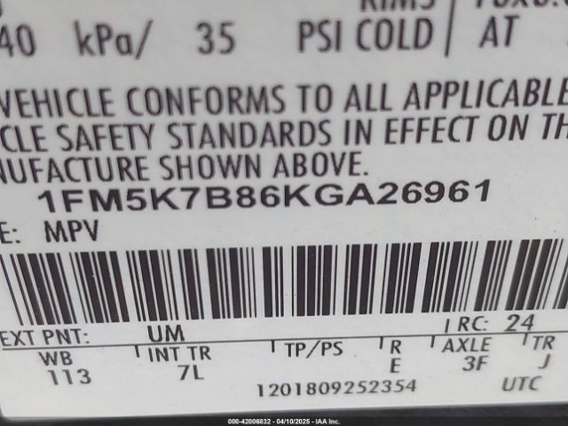 1FM5K7B86KGA26961 Ford Explorer