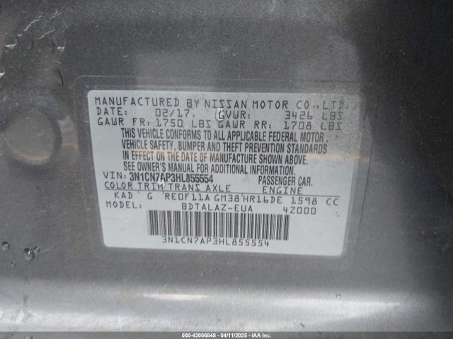 3N1CN7AP3HL855554 Nissan Versa 1.6 S+