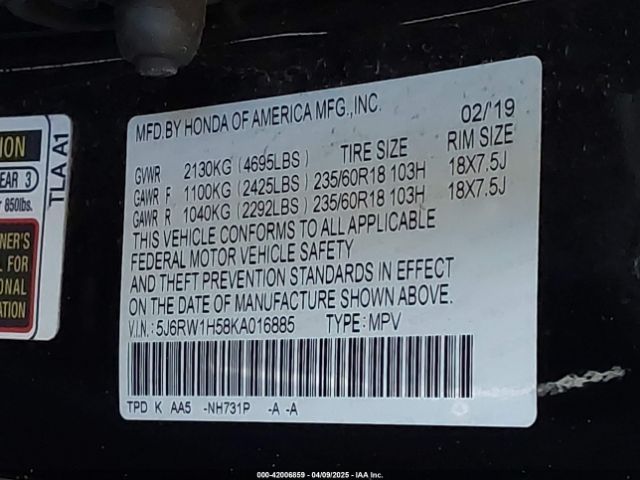 5J6RW1H58KA016885 Honda CR-V EX