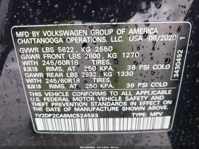 1V2DP2CA8MC524593 Volkswagen Atlas 2.0t Se
