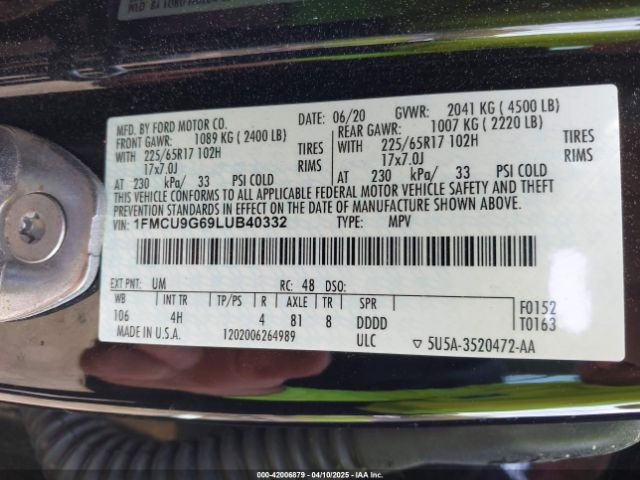 1FMCU9G69LUB40332 Ford ESCAPE SE