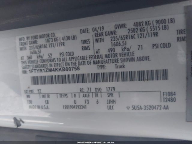 1FTYR1ZM4KKB00758 Ford Transit-250
