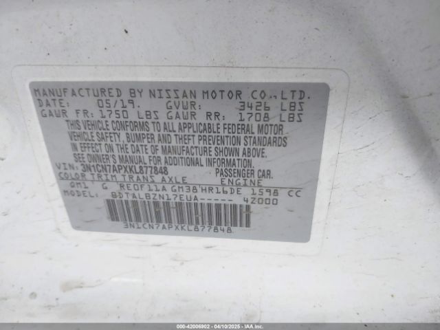 3N1CN7APXKL877848 Nissan Versa 1.6 Sv