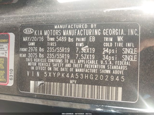 5XYPK4A53HG202945 KIA Sorento 3.3l Sx